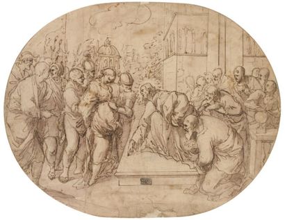 Ecole ITALIENNE de la fin du XVIème siècle Le Christ et la femme adultère Plume brune,...