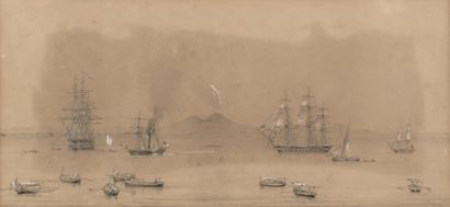 Attribué à Giacinto GIGANTE (1806 - 1876) Navires au large de Naples Pierre noire...