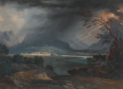 Marten Derk KNIP (Tilbourg 1785 - Vucht 1845) Scène d'orage sur un village Gouache...