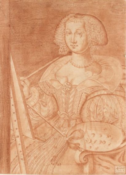 Ecole FRANCAISE vers 1632 Portrait de femme peintre Sanguine 26 x 18,5 cm Porte une...