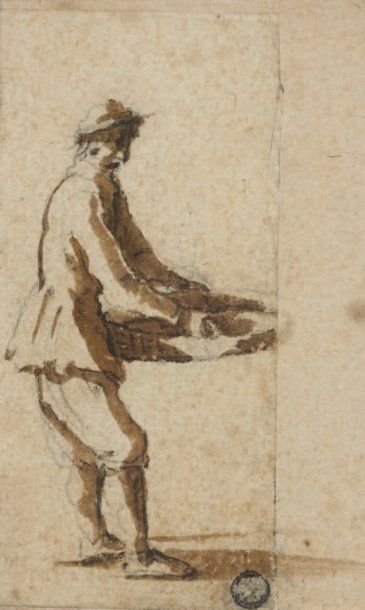Attribué à Jacques CALLOT (1592 - 1635) Figure debout tenant un tamis Pierre noire...