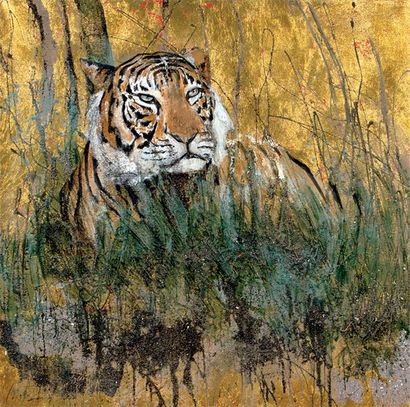 IVOY Carole (née en 1957) « Tigre ». Technique mixte sur fond or sur toile, signée...