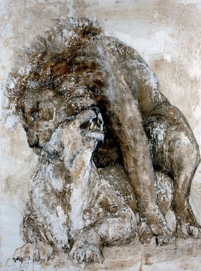 IVOY Carole (née en 1957) « Couple de lions ». Technique mixte sur toile, signée...