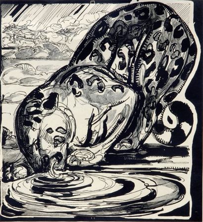 JOUVE Paul (1880-1973) « Jaguar à la rivière ». Estampe en noir. Provient des « Poèmes...