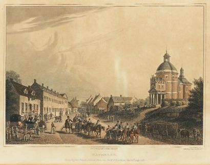 null Aquatinte en couleurs, anglaise : Centre ville de Waterloo, le 24 juillet 1815,...