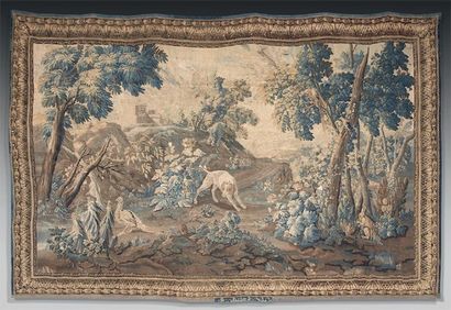AUBUSSON, F. GRELLET (licier) Très belle tapisserie fine représentant un chien à...