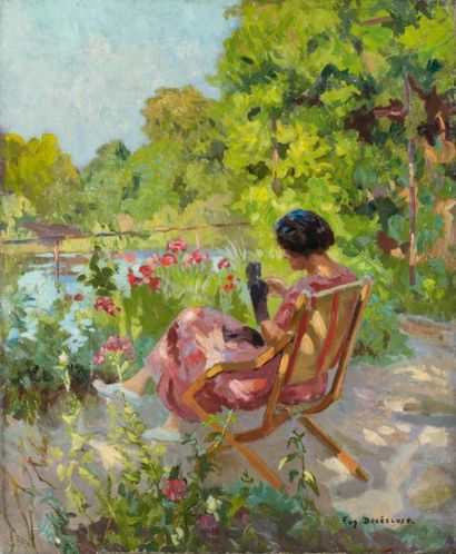 Eugène DELECLUSE (1882-1972) Femme cousant dans un jardin Huile sur toile, signée...