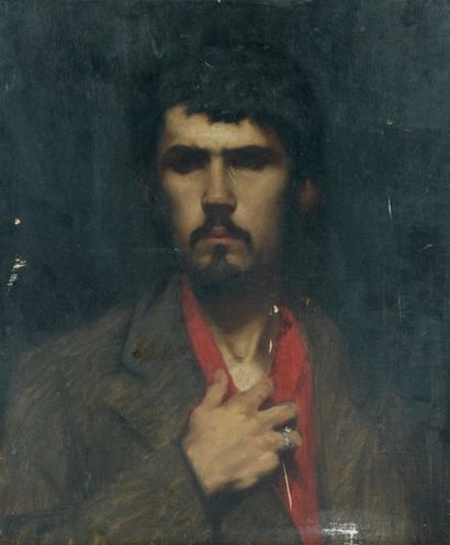 Attribué à Gustave COURTOIS Autoportrait présumé au foulard rouge Huile sur toile...