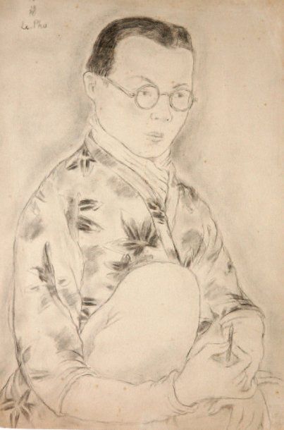 LE PHO (1907-2001) Autoportrait, vers 1935 Fusain, signé en haut à gauche 50 x 31...