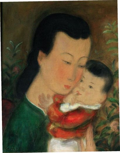 LE PHO (1907-2001) Maternité, 1942 Gouache sur soie marouflée sur carton, signée...