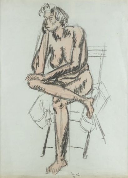 Jean HÉLION (1904-1987) Nu accoudé à la chaise, 1949 Dessin au fusain rehaussé d'aquarelle,...
