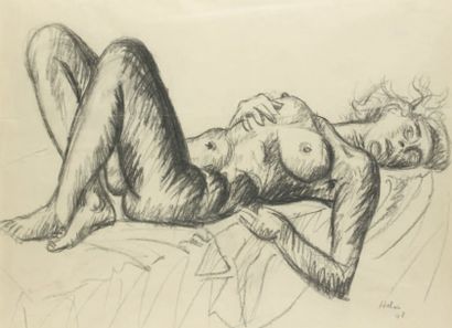 Jean HÉLION (1904-1987) Femme nue allongée, 1948 Dessin au fusain et à l'estompe,...