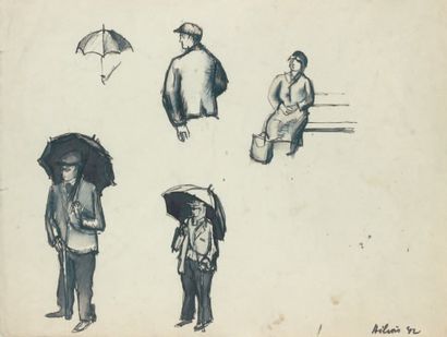 Jean HÉLION (1904-1987) Les parapluies, 1942 Dessin à l'encre et au lavis, signé...