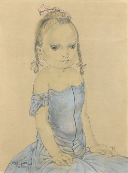 Léonard Tsuguharu FOUJITA (1886-1968) Jeune fille à la robe bleue, 1952 Aquarelle,...