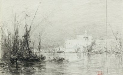 Félix ZIEM (1821-1911) Venise, la lagune Dessin au crayon noir et à l'estompe, porte...