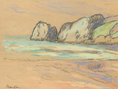 Maxime MAUFRA (1861-1918) Bord de mer Dessin au fusain rehaussé de couleurs, signé...