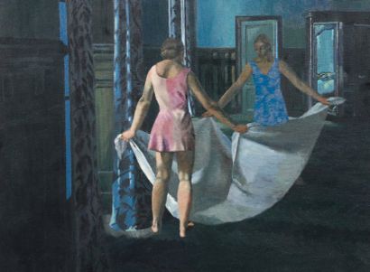 Philippe LELIÈVRE (1929-1975) Deux femmes pliant des draps, 1973 Huile sur toile,...