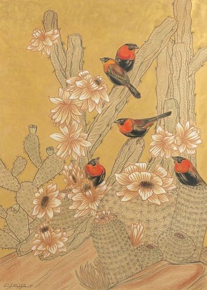 SUISSE Gaston (1896-1988) Oiseaux dans les cactées en fleurs Pastel à l'huile et...