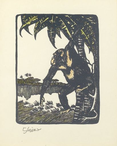 SUISSE Gaston (1896-1988) Gorille Gravure sur bois. Epreuve rehaussée par l'artiste...