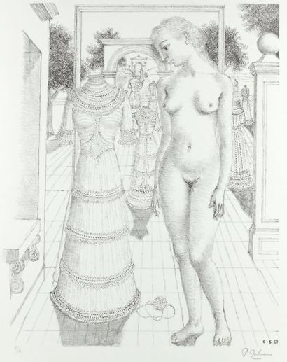 Paul DELVAUX (1897-1997) La robe du dimanche. 1967. (M.Jacob 17) 62,5 x 52 cm. Lithographie...