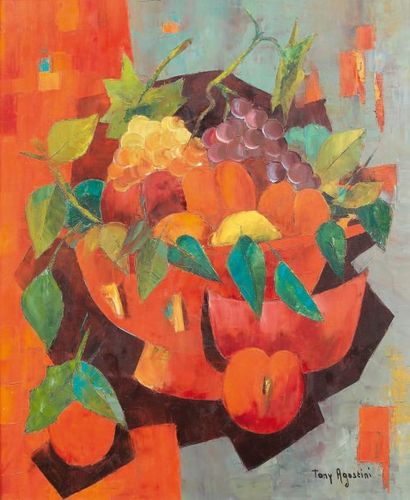 Tony AGOSTINI (1916-1990) La coupe de fruits (Composition en rouge) Huile sur toile,...