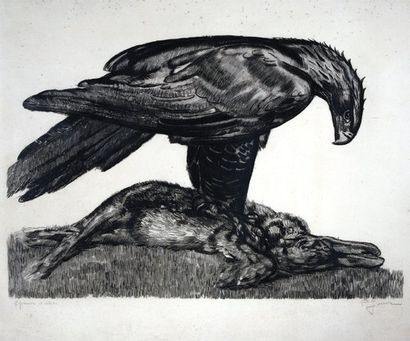 JOUVE Paul (1880-1973) « Aigle enserrant un lièvre ». Eau-forte. Signée en bas à...