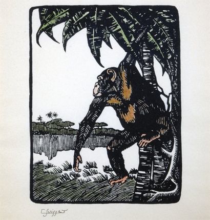 SUISSE Gaston (1896-1988) « Gorille ». Gravure sur bois. Epreuve rehaussée par l'artiste...