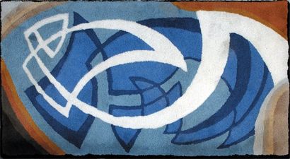 DEL MARLE Félix (d'après) Petit tapis en laine, fait main à décor géométrique, bleu,...
