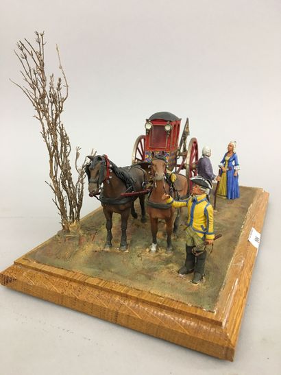 null Petit diorama représentant un atelage à deux chevaux avec une homme et une femme...