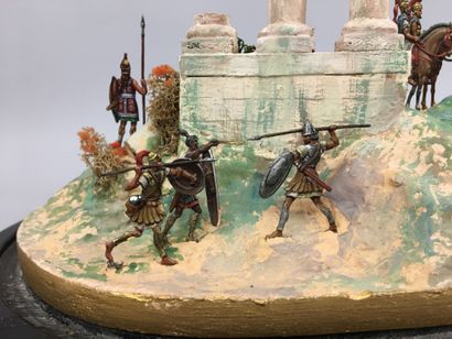 null Diorama en figurines en plat d'étain, peinture fine représentant des romains...