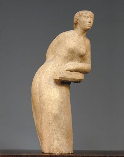 MORLAIX Émile (1909-1990) « Jeune femme au balcon ». Sculpture en terre cuite patinée...