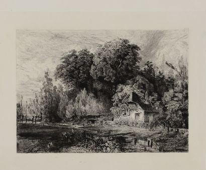 null Paul HUET (1803-1869) - La Maison du garde Un pont en Auvergne. Eaux-fortex...