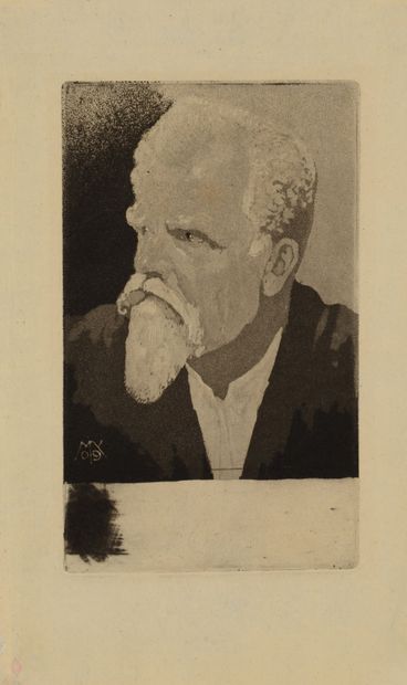 null Max KLINGER (1857-1920) Autoportrait avec un cigare. Aquatinte sur papier vergé...