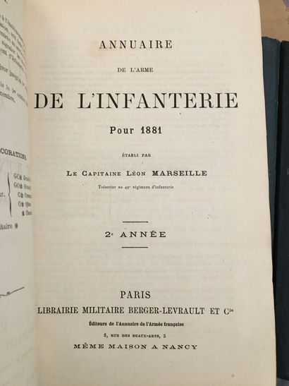 null Lot de 11 annuaires de l’infanterie, reliures toile verte, des années : 1881,...