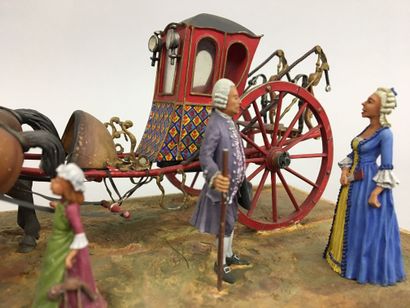 null Petit diorama représentant un atelage à deux chevaux avec une homme et une femme...