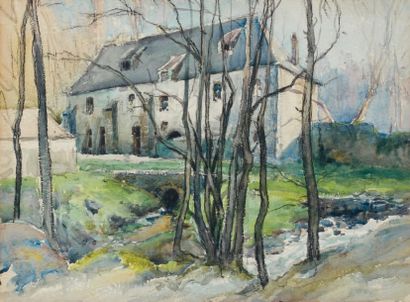 Émile APPAY (1876-1935) La maison devant les arbres Aquarelle, non signée 28 x 38...