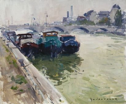 Paul Jean ANDERBOURG (né en 1909) Péniches, quai de Bercy Huile sur toile, signée...