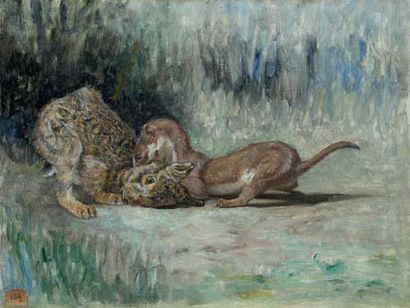 Edouard MERITE Belette et lapin Huile sur toile. Dim. 24,5 x 32,5 cm