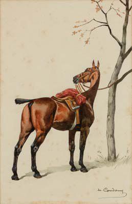 Charles de CONDAMY (1847 - 1810) Cheval attaché à l'arbre Aquarelle sur papier signée...