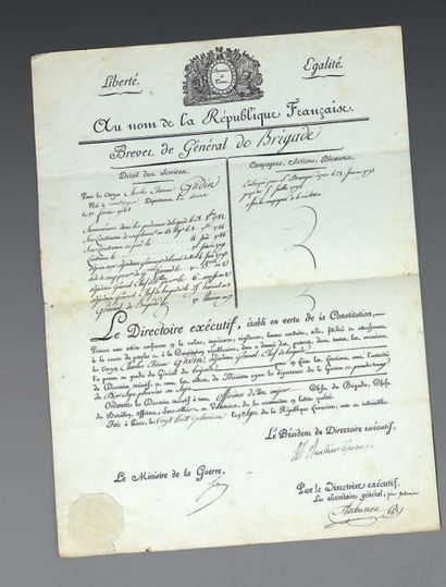 null Brevet de général de brigade du citoyen Charles Étienne Gudin, daté du 7 pluviôse...