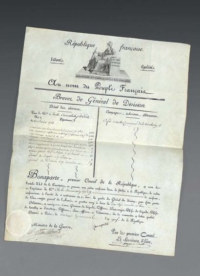 null Brevet de général de division du citoyen Charles Étienne Gudin, daté du 8 germinal...
