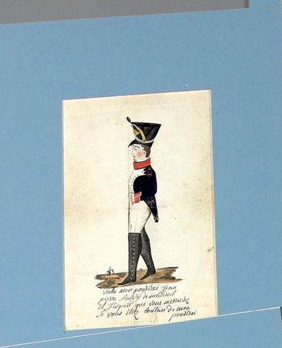null Dessin aquarellé, fragment d'une lettre de soldat : un soldat du 85e régiment...