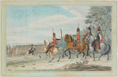 Hoffmann estampe aquarellée : 13e régiment de hussards vers 1795/1798, l'état-major...