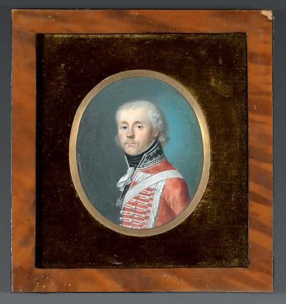 null Miniature ovale sur ivoire : portrait d'un officier du Königlich Preuss Hussaren...