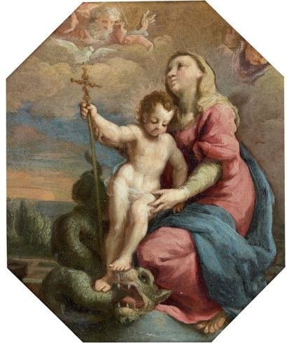 Ecole SIENNOISE vers 1700 Vierge à l'Enfant terrassant le dragon Cuivre octogonal...