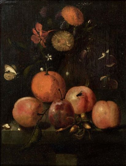 Martin NELLIUS (Actif à Leyde entre 1670 et 1706) Nature morte aux fleurs, fruits...