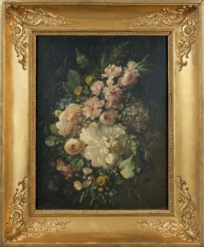 Pierre Toussaint DECHAZELLE (Lyon 1752 - 1833) Bouquet de fleurs au papillon Panneau,...