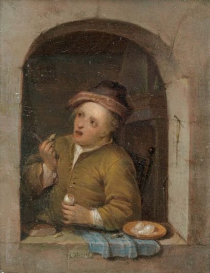 Jan EKELS II le JEUNE (Amsterdam 1759 - ? 1793) Un homme mangeant des oeufs sur le...