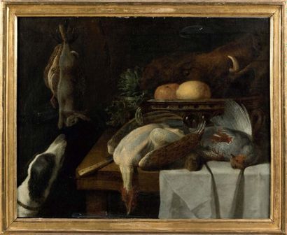 Pieter van BOUCLE (Anvers 1610 - Paris 1673) Chien et hure de sanglier Toile, monogrammée...