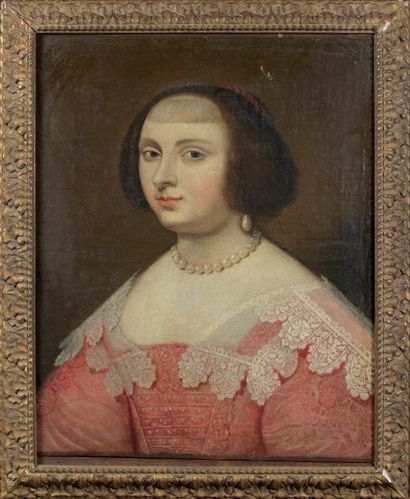 Ecole FRANCAISE vers 1660 Portrait de femme à la robe rouge et au col de dentelles...